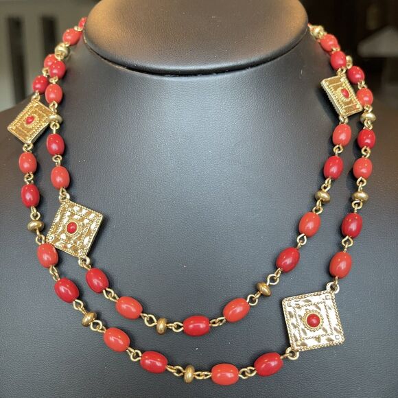 Designer RALPH LAUREN Red/Coral Color Station Bead Medallion Layering Necklace - Picture 2 of 7